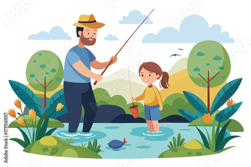 Father and daughter enjoy fishing together in a peaceful river setting during a sunny day