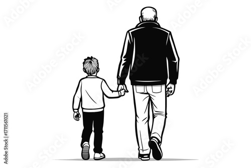 Grandfather and grandson walking hand in hand along a peaceful path during a sunny afternoon