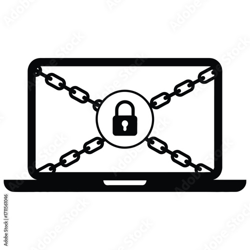 Laptop screen secured with chains and a padlock symbolizing digital security and data protection