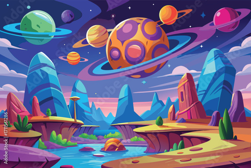 Colorful fantasy landscape with planets and mountains during twilight