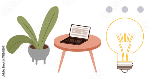 Laptop on a round wooden table, a green potted plant beside it, and a lightbulb representing ideas and creativity. Ideal for productivity, innovation, workspace, freelancing, minimalism, home office