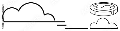 Line art cloud connected to a floating coin, representing cloud computing, fintech integration, and global digital transactions. Ideal for technology, finance, innovation, economy, investment