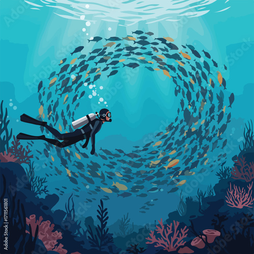 Diver swims amidst a school of fish, over a coral reef, in a blue ocean illustration