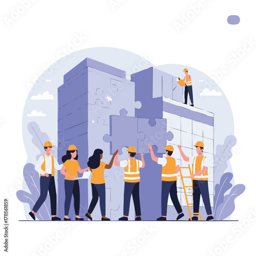 A diverse team of professionals collaboratively assembles large puzzle pieces to construct modern city buildings, symbolizing successful business development and urban planning.