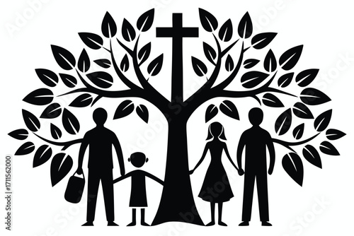 Family tree with a cross symbolizing faith and unity among family members in a simple design