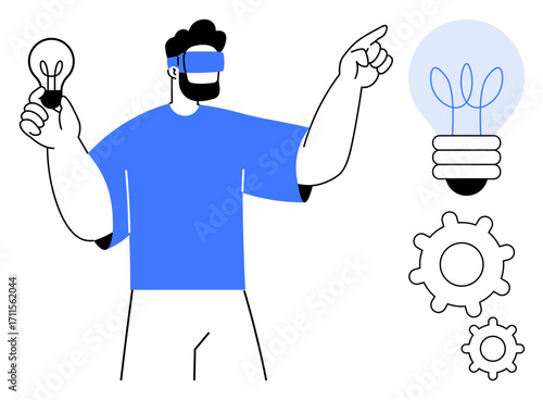 Man wearing virtual reality headset holding a lightbulb, pointing at an illuminated idea icon with gears. Ideal for innovation, technology, creativity, problem-solving, brainstorming, development
