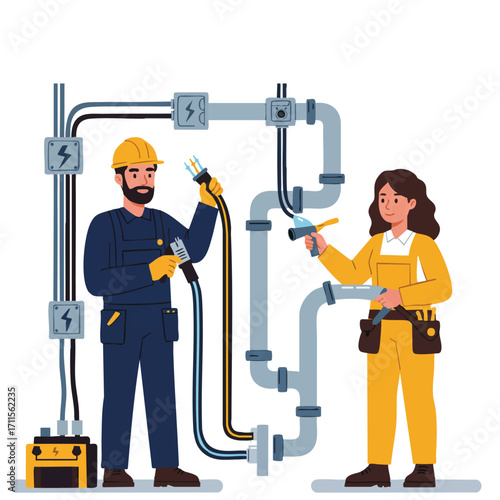 A skilled male electrician connects wires while a female plumber works on pipes, illustrating essential home maintenance and professional trade services.