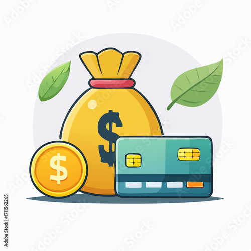Financial Investment Secure Savings & Digital Transactions - Illustrated with Money Bag, Coin & Card