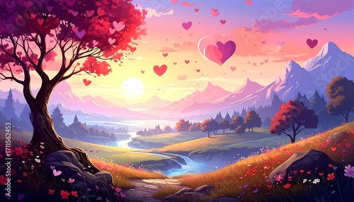 A serene landscape bathed in a vibrant sunset, filled with hearts and nature