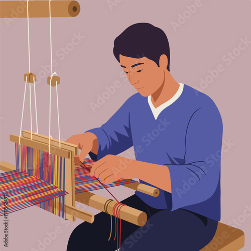 Person weaving colorful threads on a loom; craftwork portrayed in a flat illustration