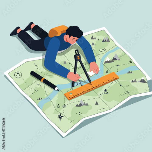 A man with a backpack uses tools to plan on an illustrative map with rivers and mountains