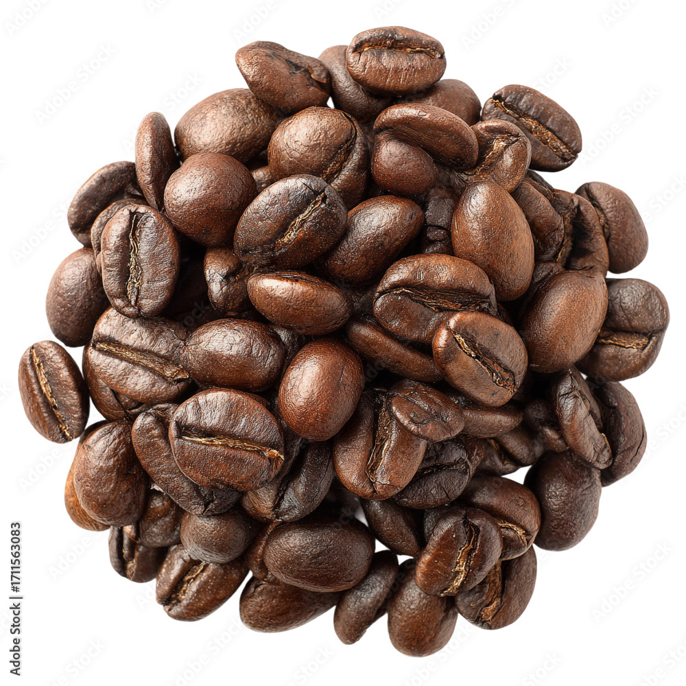 Obraz premium Pile of freshly roasted aromatic brown coffee beans on transparent background