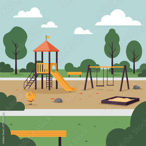 Illustrated playground scene features a slide, swings, a sandbox, and benches in park