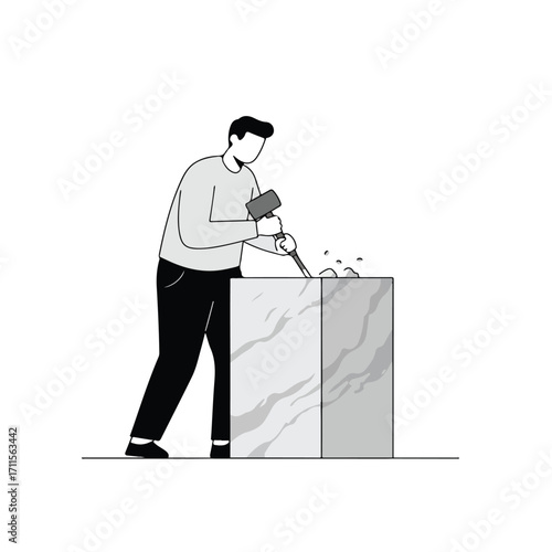 An artisan chisels stone block with hammer and chisel, grey tones on white background