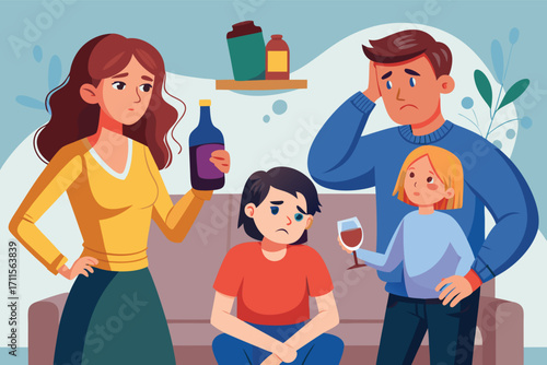 Family discussion about emotions and coping strategies on a cozy living room couch