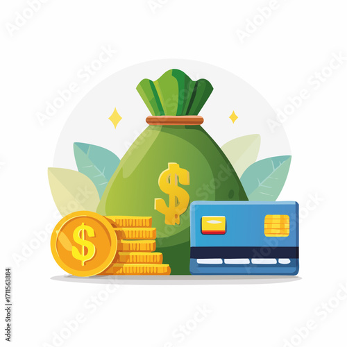 Secure Financial Transactions Money Bag, Coins, and Credit Card Icon for Savings and Banking