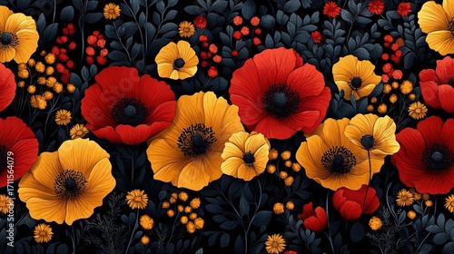 Wallpaper Mural Abstract African Print Seamless Pattern: Yellow/Red Poppy Blooms, Hand-Drawn Bold Lines Vector – Minimalist for Textile/T-Shirt Prints Torontodigital.ca