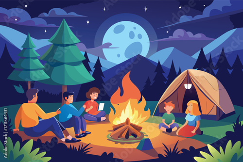Campers enjoy a cozy evening around the campfire under a bright full moon in the mountains