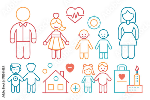 Illustration of family members and symbols representing health, love, and home in warm colors
