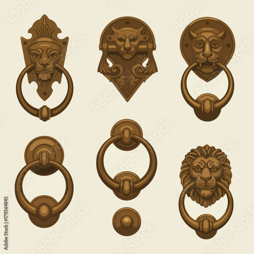 Illustrated collection of ornate bronze door knockers on a solid cream colored background