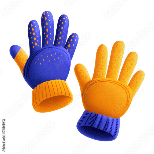 Playful blue glove orange glove winter glove knitted cuff textured palm cartoon glove mitt design isolated object studio lighting fuzzy material
