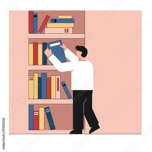 Person returns a book to a stylized bookcase filled with colorful books on a peach background
