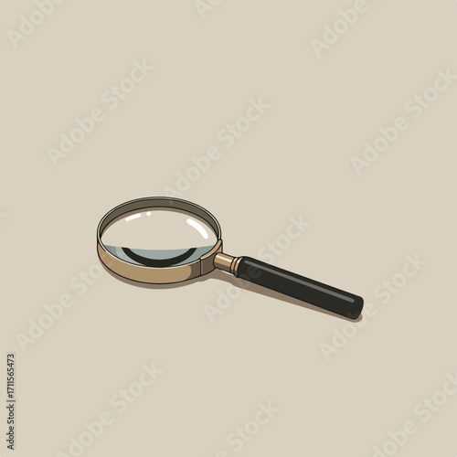 Stylized illustration of a magnifying glass, featuring a gold rim and black handle