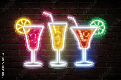 Vibrant neon sign background with cocktails with lemon and lime slices glowing against a dark brick wall, creating a colorful and festive atmosphere