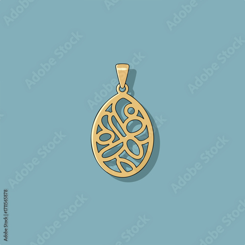 Ornate teardrop-shaped gold pendant with cutout design on a solid blue-gray background