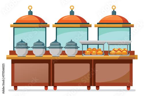 Buffet display with food warmers, serving dishes, and fresh pastries at a casual dining setup
