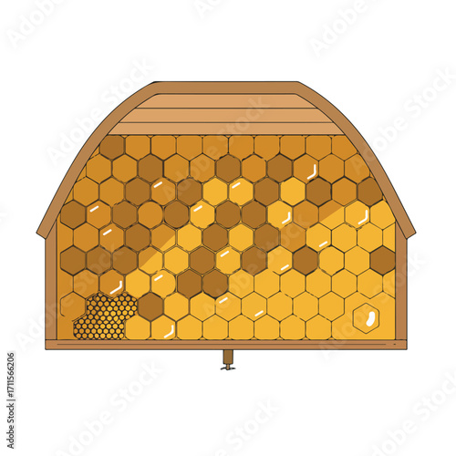 Cartoon drawing showing a wooden bee hive, filled with hexagonal honeycombs