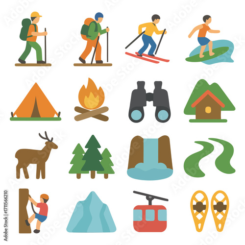 Iconic Adventures: A visual feast of outdoor icons showcasing diverse recreational pursuits, from serene hikes to thrilling climbs. Featuring skis, mountain, campfire, tent and much more.