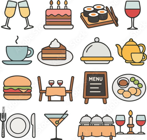 Gastronomic Delights: A diverse collection of appetizing food and drink icons, perfect for representing the vibrant world of cuisine and dining.