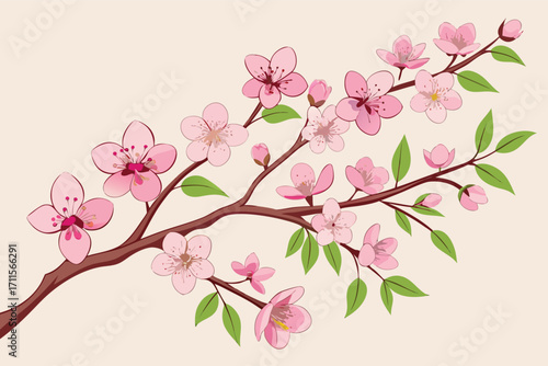Pink cherry blossom branch with delicate flowers and green leaves against a light background in spring
