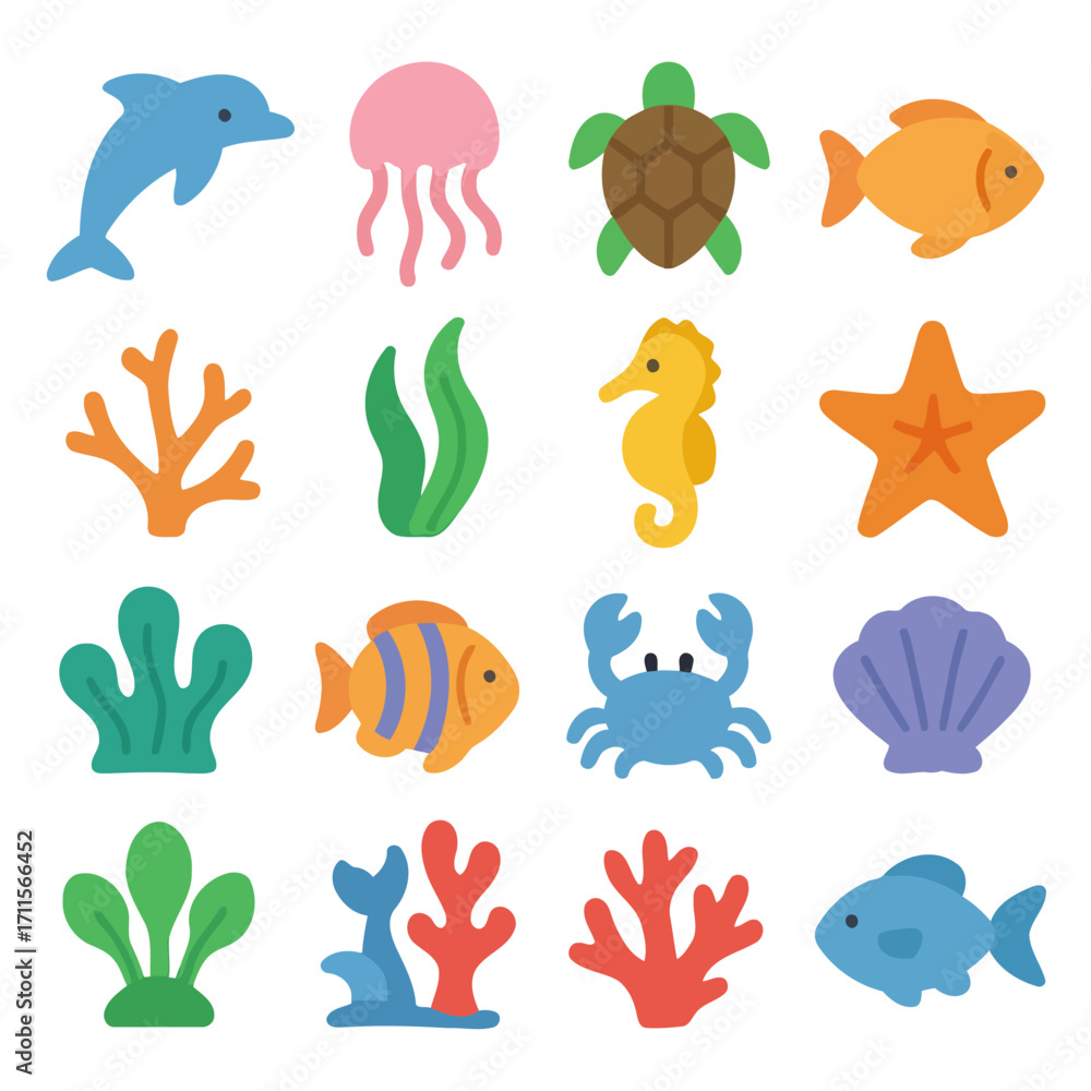 Naklejka premium Oceanic Wonders: A vibrant collection of marine life illustrations, featuring a diverse array of sea creatures and aquatic elements, perfectly captures the beauty and diversity of the ocean.