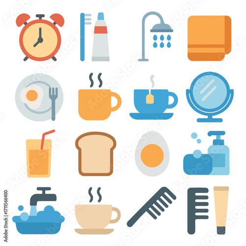 Everyday Essentials: A vibrant collection of simple illustrations capturing the core components of daily morning routines, from grooming to nourishment. 