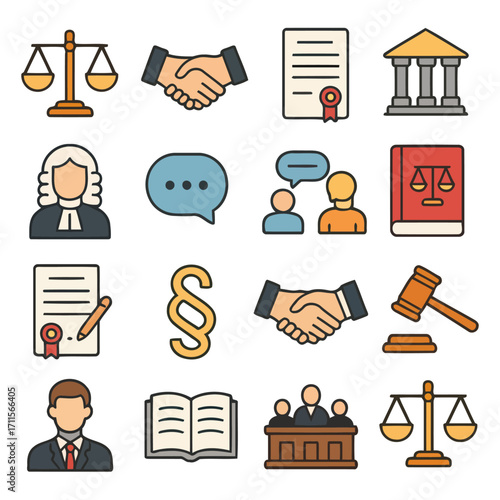 Legal Icons: Set of symbolic illustrations representing key legal concepts, contracts, fairness, and justice. Perfectly illustrates the fundamentals of law, ideal for law-related designs.