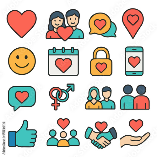 Love and Relationship Icons: A collection of vibrant icons representing diverse symbols of love, connection, and relationships.  Each icon is crafted with clean lines and a playful touch.