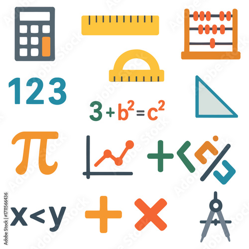 Mathematics Education: A comprehensive illustration of various mathematical tools and symbols, perfect for educational resources and academic designs.