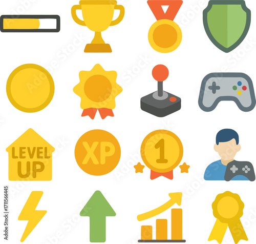 Game Icons: A collection of vibrant icons representing various aspects of the gaming world, with a focus on achievements, progress, and rewards.