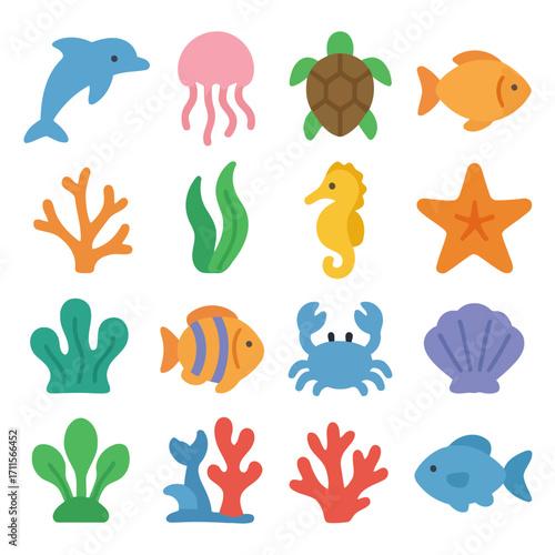 Oceanic Wonders: A vibrant collection of marine life illustrations, featuring a diverse array of sea creatures and aquatic elements, perfectly captures the beauty and diversity of the ocean.