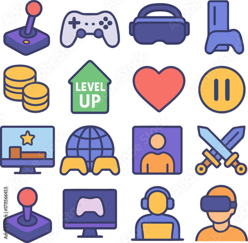 Gaming Icons: A collection of playful gaming icons including a gamepad, virtual reality glasses, coins, and a level-up symbol. Perfect for apps, websites.