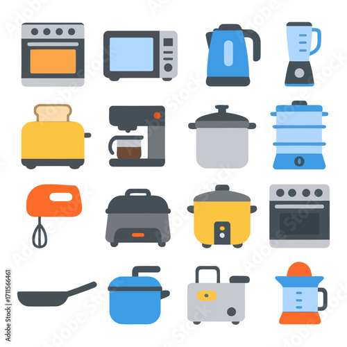 Kitchen Appliance Assortment: An illustrated collection of modern kitchen appliances, each precisely rendered with a minimalist flair, including an oven, microwave, kettle, blender, toaster.
