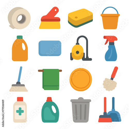 Cleaning Tools Collection: A collection of various essential cleaning tools, each meticulously illustrated in a colorful, flat design style, perfect for conveying cleanliness and tidiness.