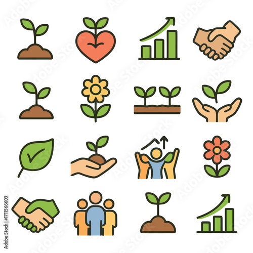 Growth and Development Icon Set: A carefully curated set of illustrative icons capturing the essence of growth, development, and collaboration, perfectly embodying themes of nurture and progress.