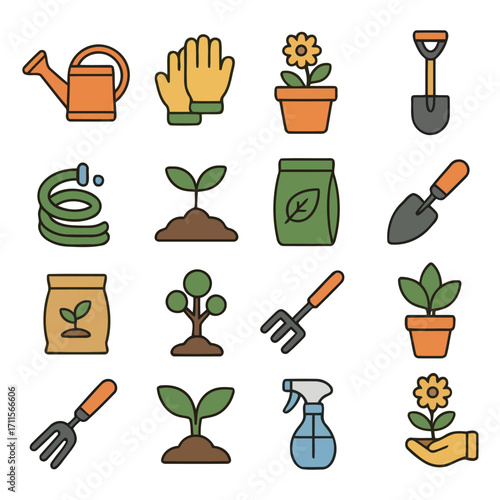 Gardening Icons: A collection of colorful and vibrant garden-themed icons showcasing various tools and elements essential for tending a thriving garden.