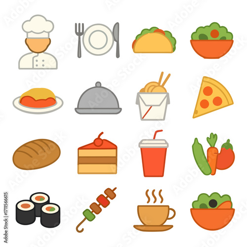 Culinary Collection: A vibrant graphic showcases a diverse selection of culinary delights, from a chef's hat to sushi, designed with appealing visual aesthetics. 