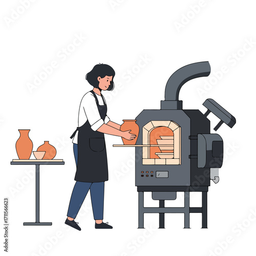 Woman places a clay pot into a large gray kiln with other pots on shelves inside