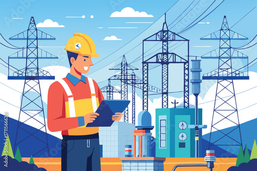 Worker checks equipment in power plant while planning electrical projects at a scenic energy site