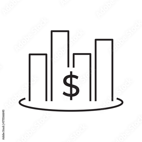 Minimalist line icon depicting a bar chart skyline integrated with a central dollar sign. Perfect for illustrating economic growth, stock market trends, investment analytics, and business reports.